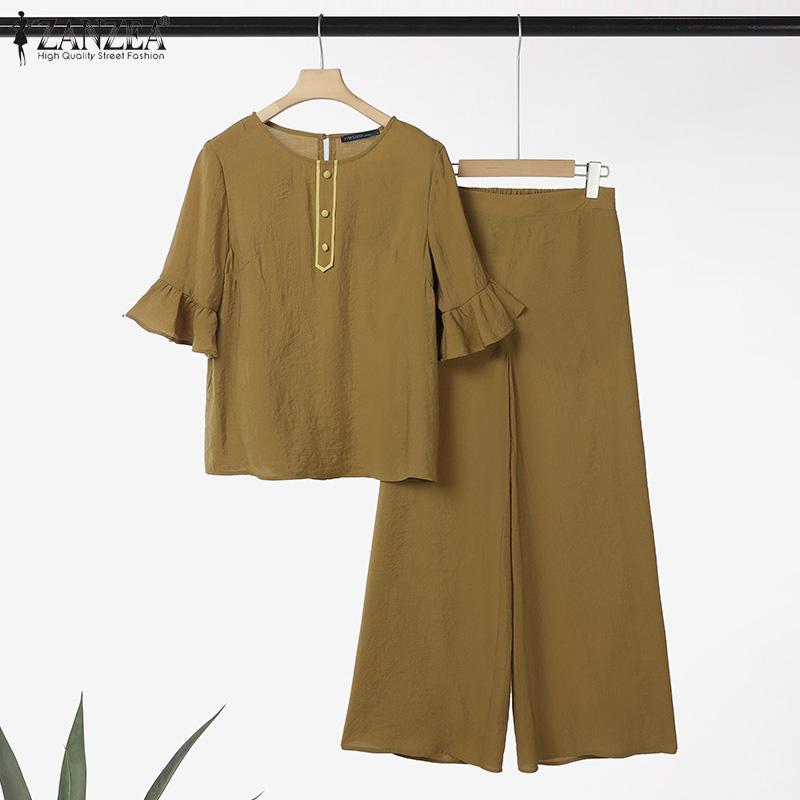 ZANZEA Women Half Sleeve Blouse and Pants Summer Two Piece Suit Sets
