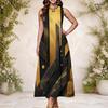 Women Plus Size Keyhole Neck Sleeveless Printed A Line Long Dress Dark Green And Gold