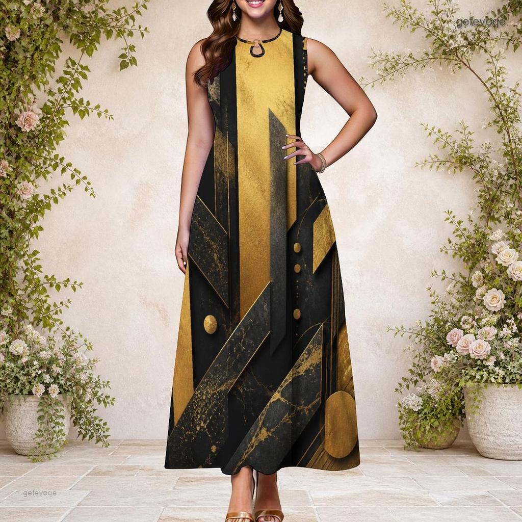 Women Plus Size Keyhole Neck Sleeveless Printed A Line Long Dress Dark Green And Gold