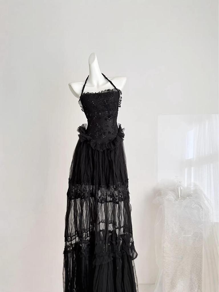 Ethereal Mesh Patchwork Halter Dress: Strapless Sleeveless Black Long Dress - Spring 2026 Collection
