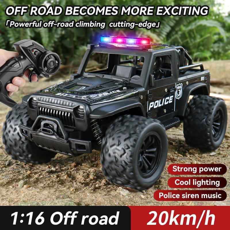 1:16 Alloy High Speed Off-Road Police Truck RC Car with Music Sound and LED Lights Outdoor Toy 2.4G Remote Control Cars