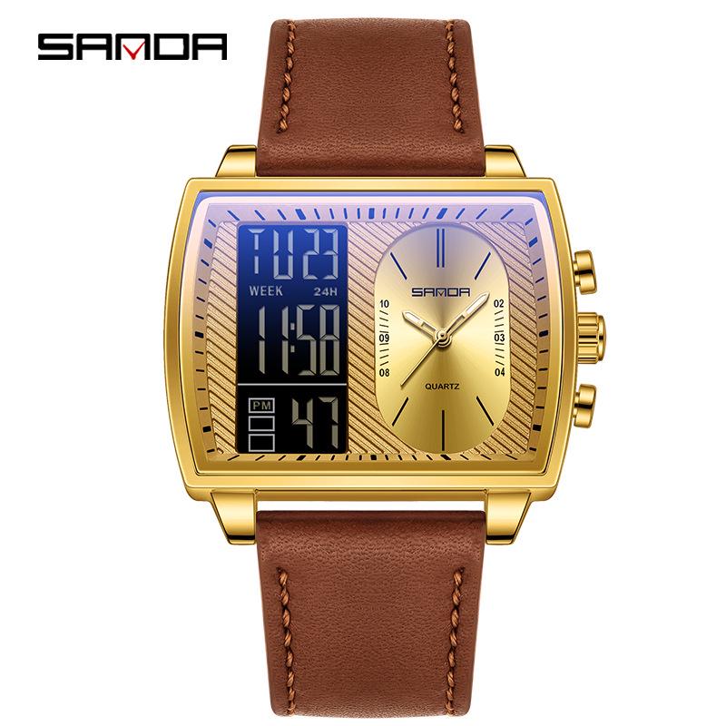 שעון ספורט רב-תכליתי עמיד למים לגברים מבית Sanda עם תצוגה כפולה מסוגננת.
