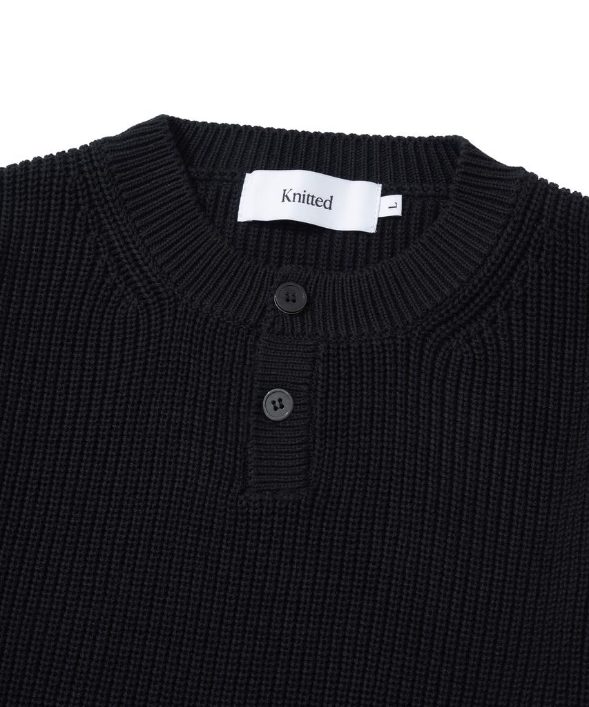 KNITTED Cotton Henley Neck Waffle Knit Black