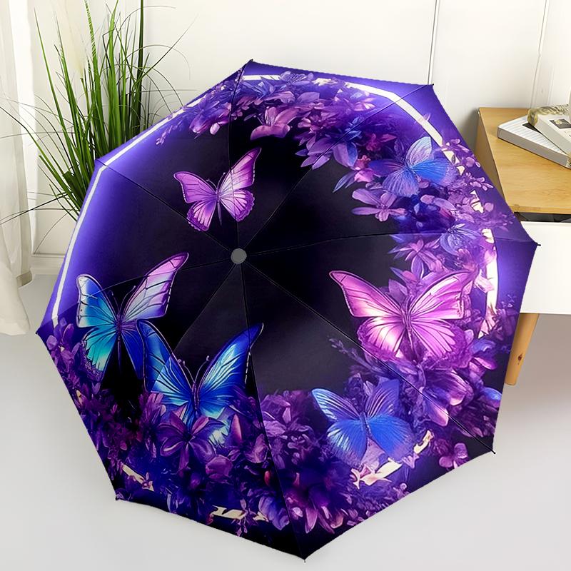 1pc Ladybugs, Butterflies Pattern Umbrella Portable Folding Umbrella Iron Frame Hole Bone Structure Outdoor Home Umbrella