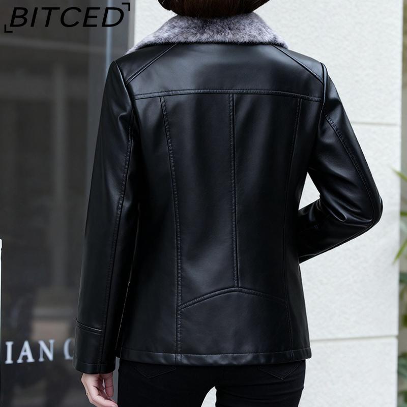 BITCED PU Leather Jacket Casual Plus Size Fleece-Lined Thickened Middle-Aged and Elderly Leather Jacket