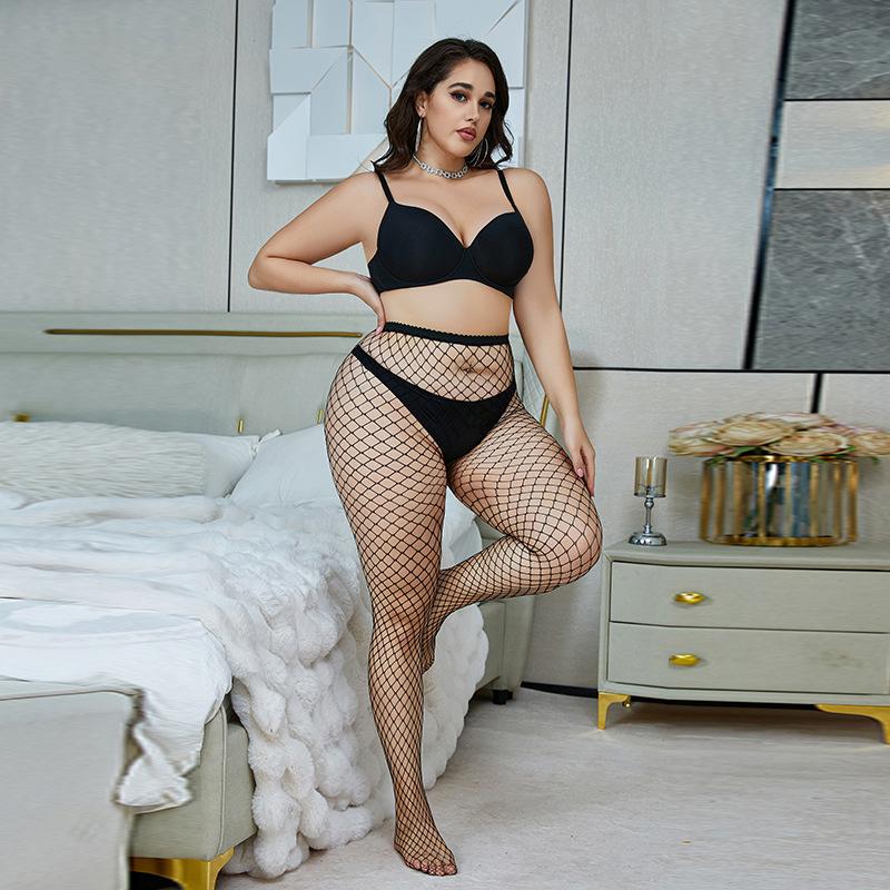 Plus Size Fishnet Tights Open Crotch Double Sided Stretchy Mesh Pantyhose Seamless Design Elastic Waistband