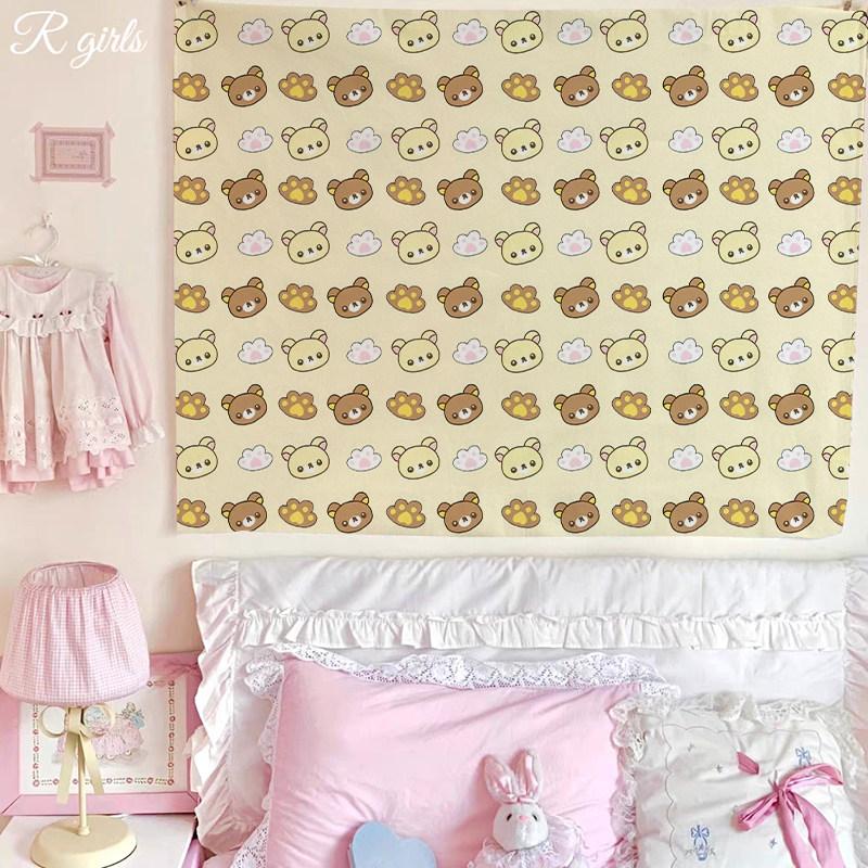 Cute Cartoon Bear Tapestry Pink Striped Wall Hanging for Kawaii Bedroom Decor Background Cloth