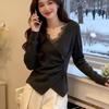 Plus Size French Lace Velvet V-Neck Base Layer Shirt for Women - Slimming Irregular Top for Autumn/Winter
