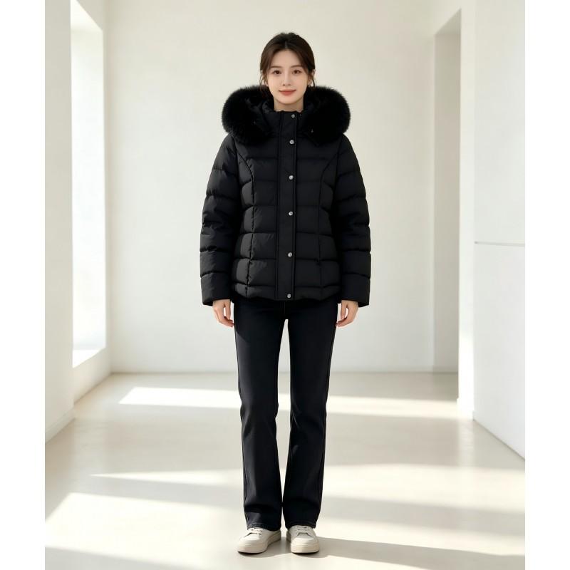 Womens Short Puffer Coat With Detachable Faux Fur Collar Hooded Warm Winter Jacket In Plaid Stitching Slim Fit Petite