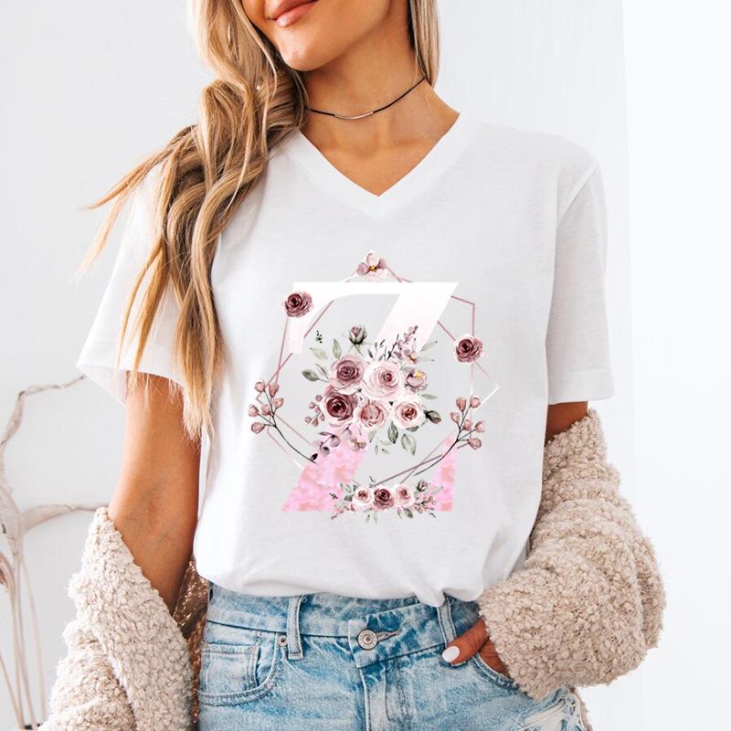 New Unisex T Shirt AZ Name Letter Print Short Sleeve Tee Letters ABCD Casual Tops Tees Floral Initial Unisexs VNeck TShirt