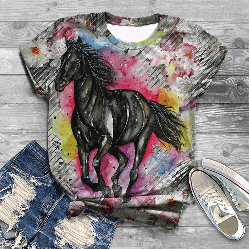 New Women T-Shirts Horse 3D Print Women's Round Neck Short Sleeve T Shirt Animal Graphic Tees Harajuku Y2K Tops Female Clothing