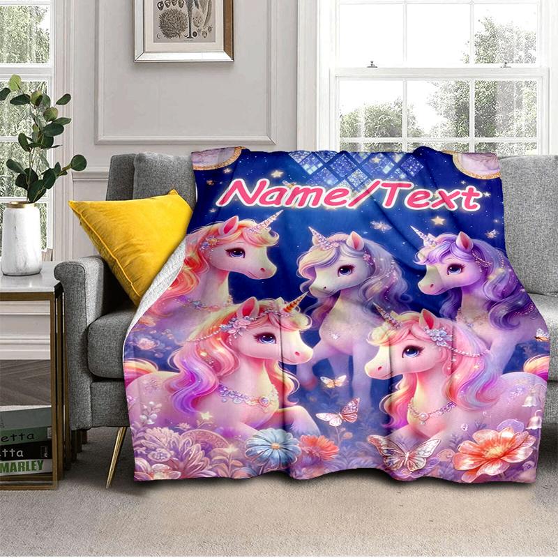 1PC Custom Name Unicorn Fantasy: Name/Text Art Outdooor Flannel Blankets Throw Blanket All-Season Throw Gift Bedspread for Couch, Bed, Camping Holiday