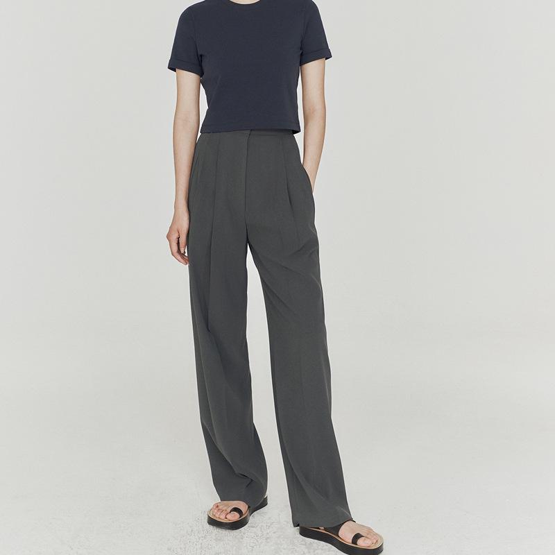 2026 Spring/Summer Women's Gray High-Waisted Wide-Leg Pants - Casual, High-End, Long, Straight-Leg Style