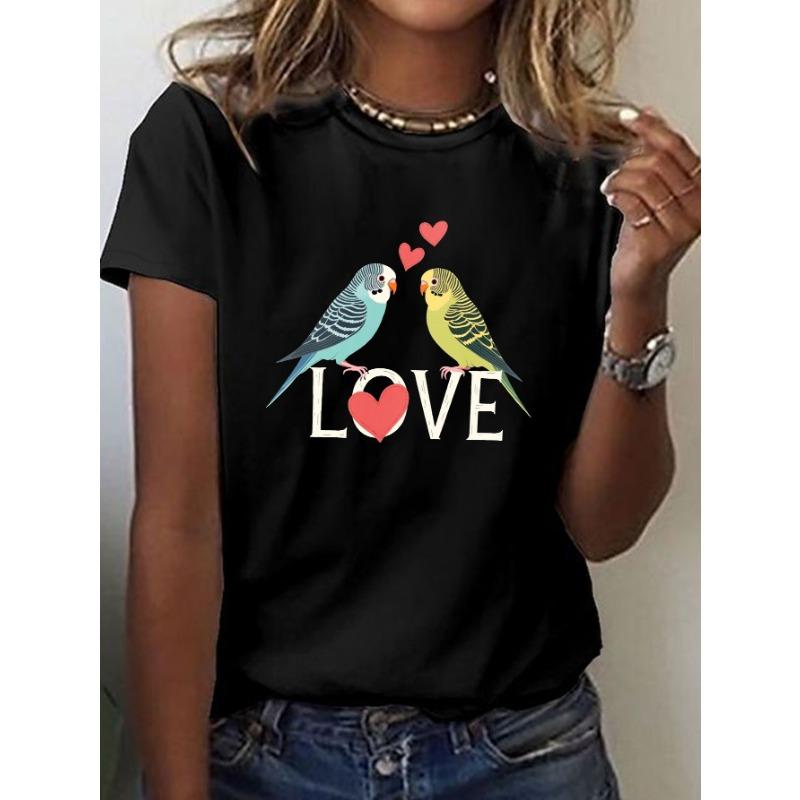 

Женская футболка с принтом LOVE & Budgies - Милая птичка и надпись LOVE, короткий рукав, круглый вырез, S чёрный