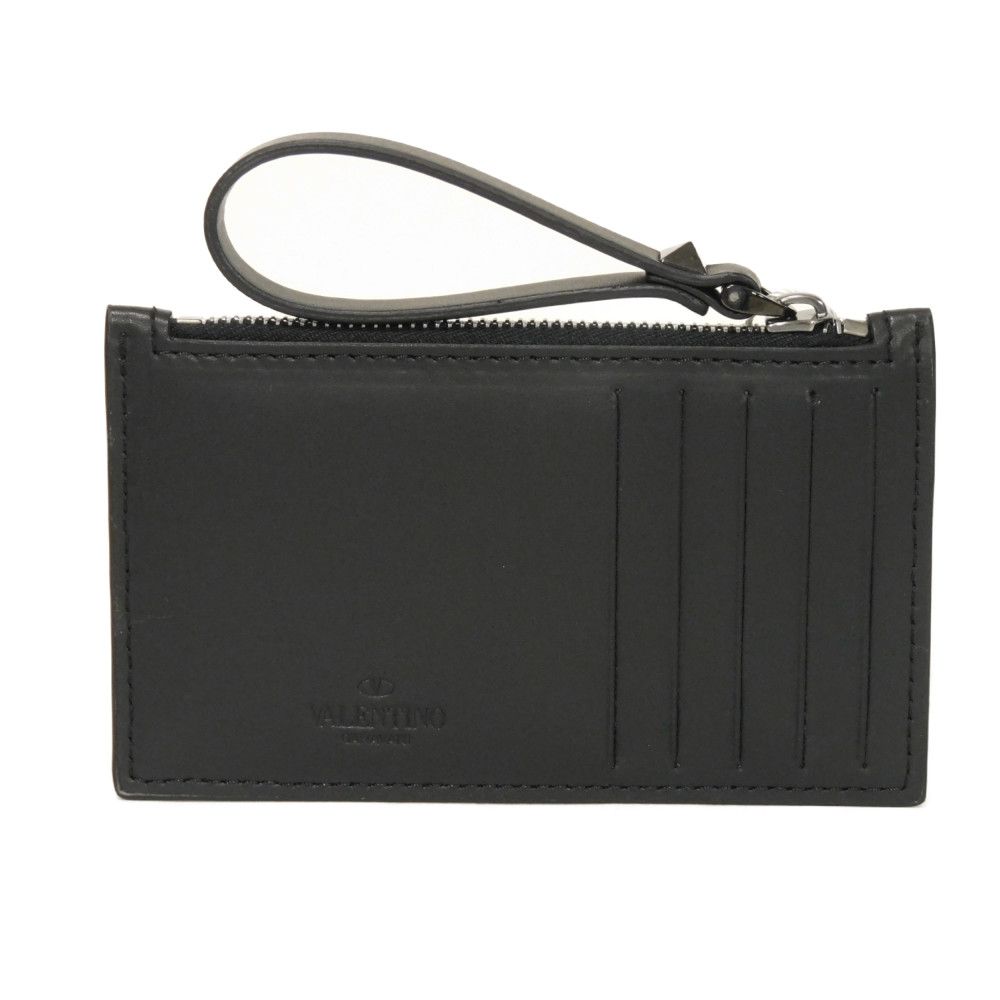 Used 8901 VLTN Logo Embossed Zip Card Holder 1Y0P0540BHY 7943 Calfskin RFID Unused One Stud Black Men's from Japan