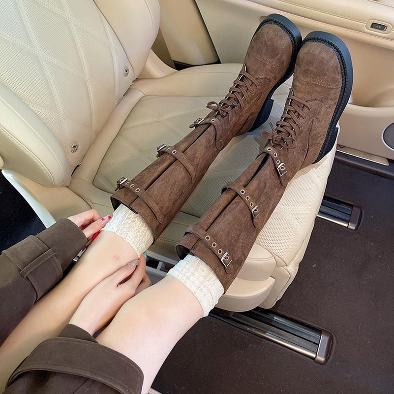 Boots Women 2025 Autumn New British Style Lace-up Belt Buckle Knight Boots Square Heel Frosted Western Cowboy Boots