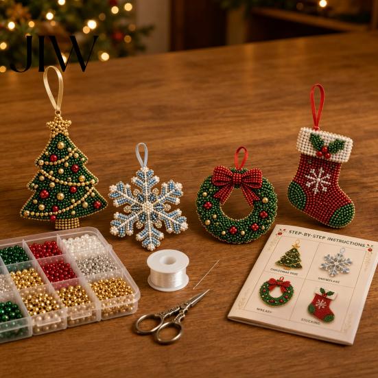 Beaded Christmas Decorations Bead Craft Kit, Ornament DIY Create Tree Snowflake Art Holiday Wreath Stocking, Festive Kit for Adults, Handmade
