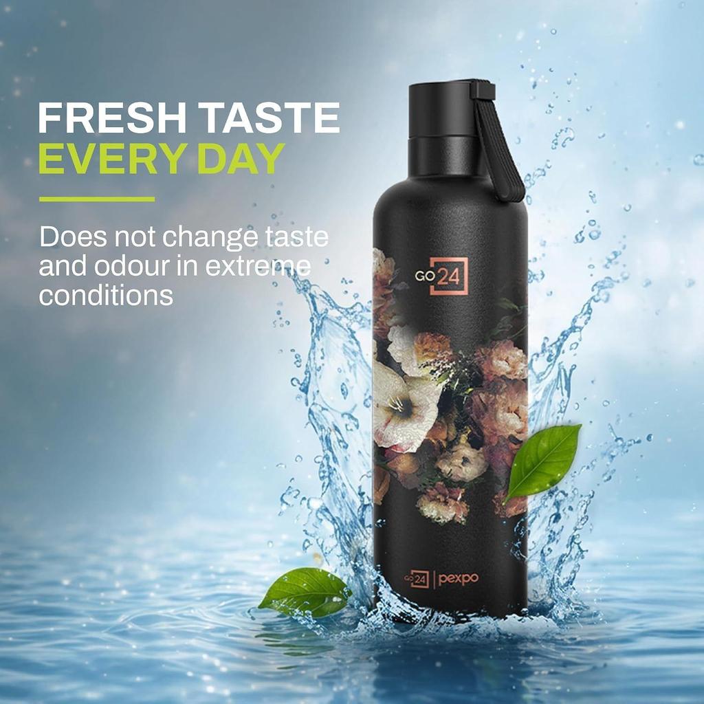 Stainless Steel 24 Hrs Hot & Cold Vacuum Insulated Water ISI Certified Flask, 750ml, Knight Black with Printed Design, Oslo