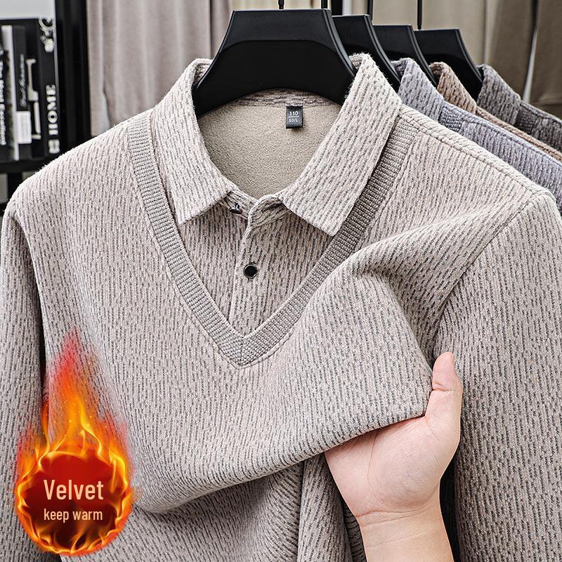 Men's Thick Fleece-Lined Knitwear: Two-Piece Look, Autumn/Winter Style for Middle-Aged & Young Casual Wear.