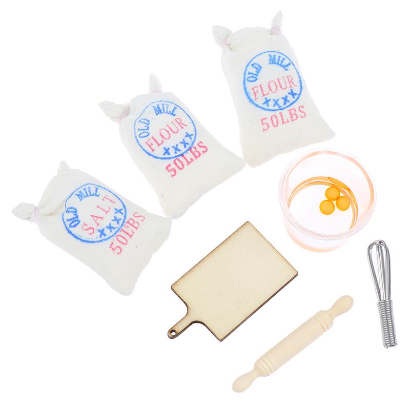 1:12 Doll House Miniature Flour Salt Bag Egg Beater Rolling Pin Model Accessories