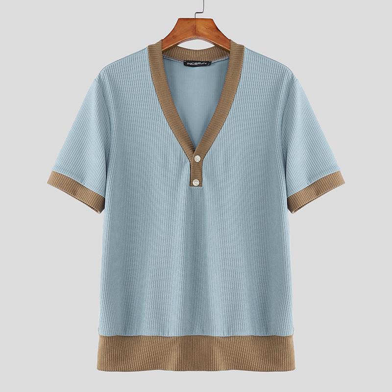 

INCERUN Мужские футболки с V-образным вырезом, коротким рукавом, с прострочкой, повседневные, свободные, в рубчик 5XL синий