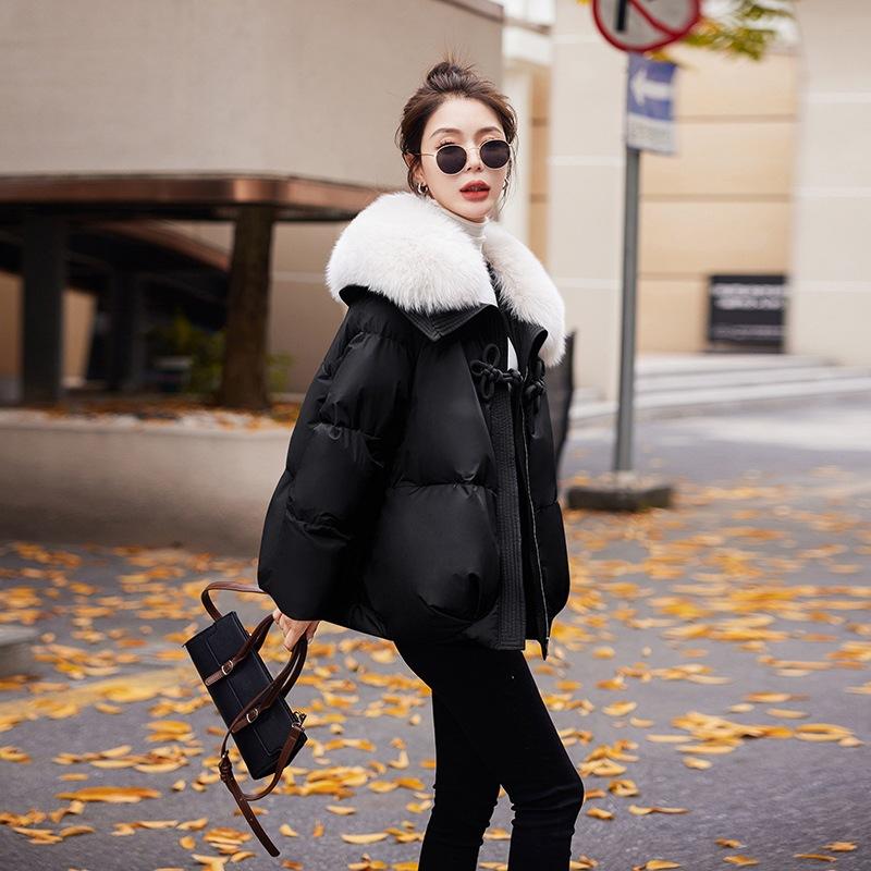 

White duck down fox big fur collar down jacket women s winter new national style sweet bow thickened coat One size