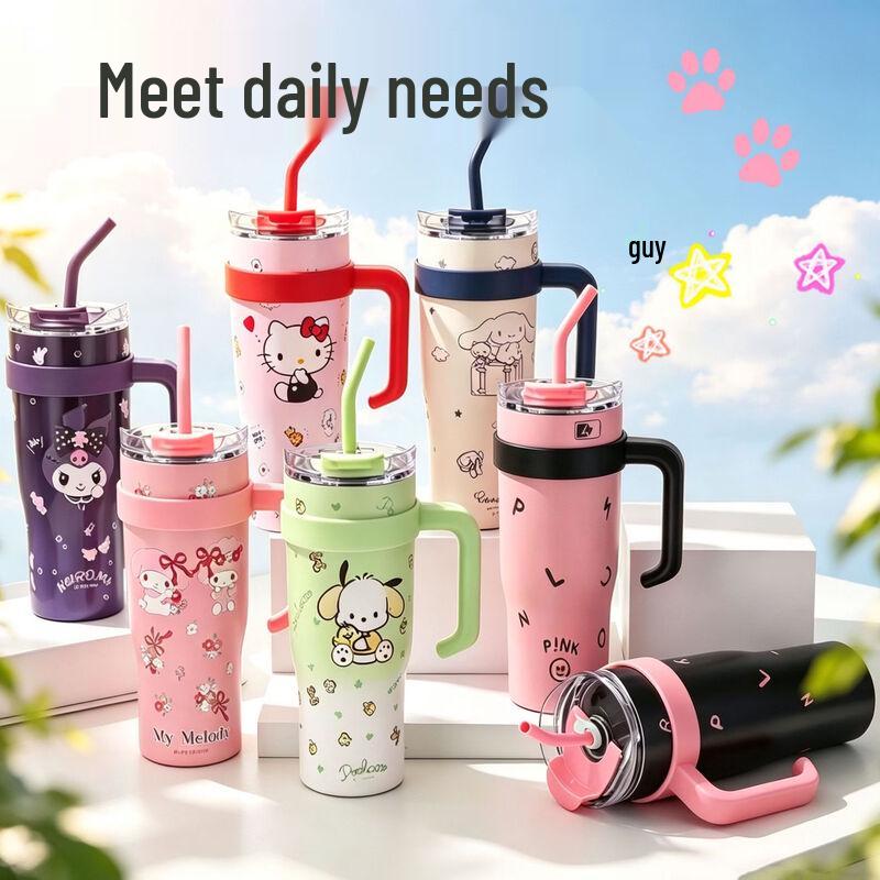 Cute Cartoon Insulated Tumbler with Handle & Straw