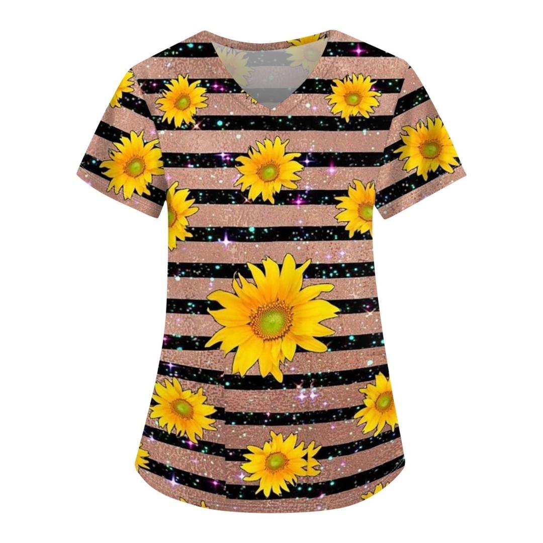 Women s Medical Uniform Floral 3D Printed V-Neck Top Comfortable and Casual V-Neck Short Sleeved Health Surgical Gown for Women S