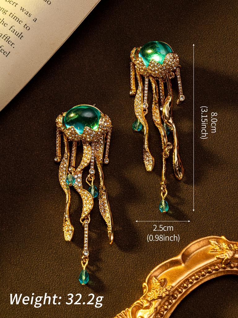 A Pair of Retro Gold and Blue Rhinestone Inlaid Jellyfish Shaped Fashionable Earrings