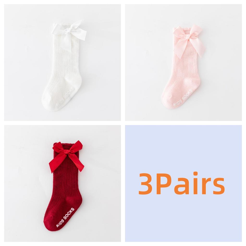 3Pairs/set Baby Girls Big Bow Knee High Socks Spring Autumn Children Non-slip Floor Sock Infant Toddler Princess Stockings 0-3Y