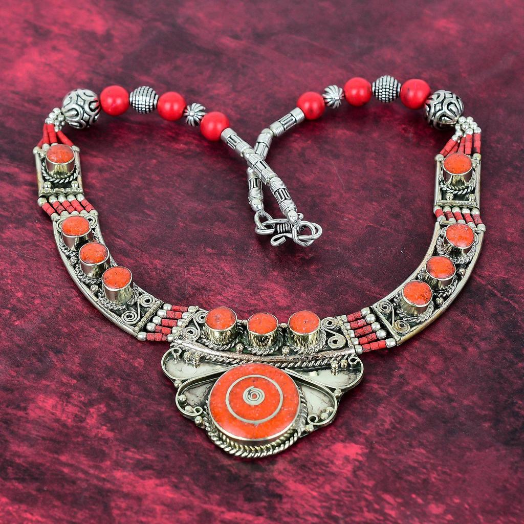 Orange & Red Coral Handmade Gemstone Nepali Necklace, 925 Solid Sterling Silver Necklace Antique Jewelry, Adjustable Chain Necklace Engagement Gift