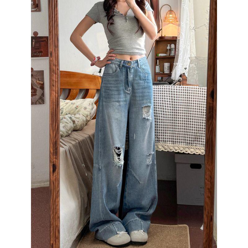 Women's Plus Size Retro Ripped Jeans - Autumn Loose Fit, Slimming Wide-Leg for Pear Shapes