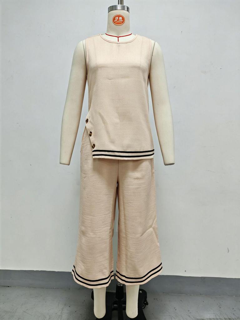 2026 Summer Women's Cotton Linen Two-Piece Set: Sleeveless Side Slit Top & Wide-Leg Cropped Pants