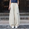Johnature Women Vintage Bloomers Pants Elastic Waist Autumn Trousers Solid Color Loose Hole Long Pants