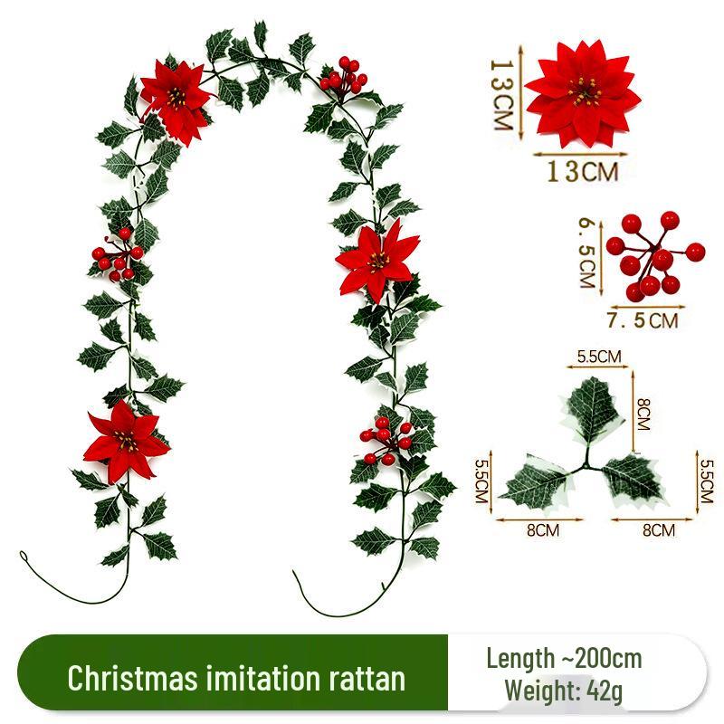 Christmas Red Berry Vine Greenery with Artificial Flowers for Holiday Decor