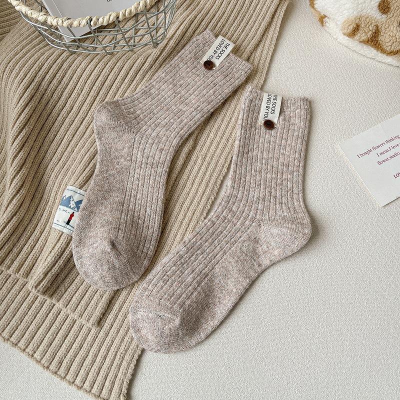 Chaussettes Tube en Laine Polaire Épaisses et Chaudes Tout en Un pour Automne et Hiver, Couleur Unie, Bouton Logo en Tissu