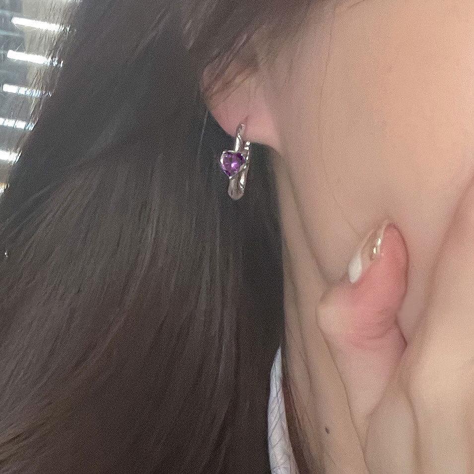 Orecchini a cerchio a forma di cuore in zircone viola vintage da donna, orecchini a perno alla moda, gioielli da festa, regalo AVE