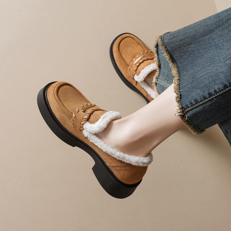 Winter Shoes Women Loafers Warm Plush Non-slip Fashion Brand Ladies Fur Shoes Square Heels 4cm Yellow Big Size 42 DX762