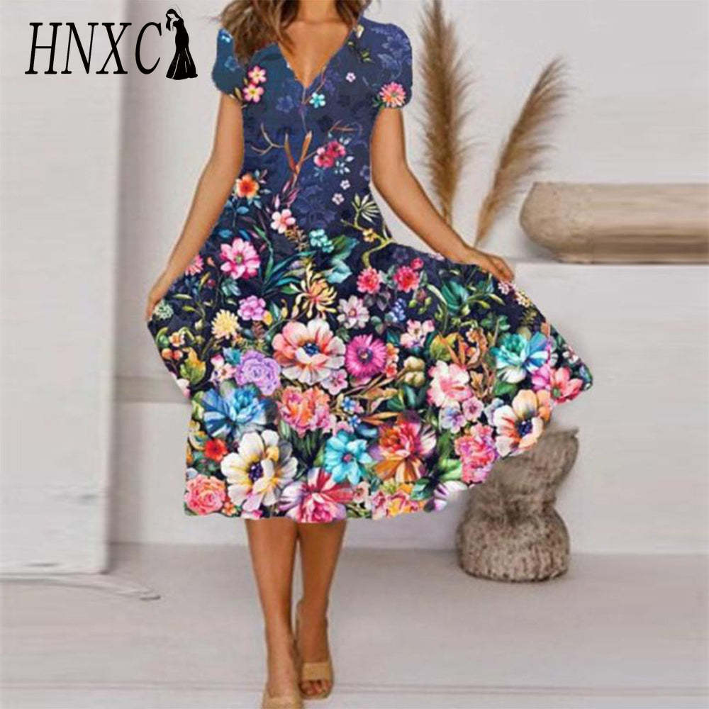 HNXC Übergröße V-Ausschnitt Midi-Kleid Kurzarm Hoher Saum Lässig Bunt Blumendruck Kleid