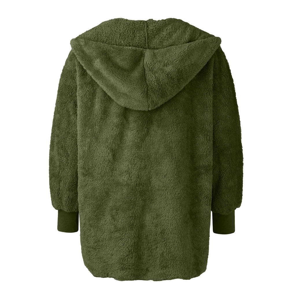 Women's Fashion Loose Hooded Jacket Plush Long Sleeve Cardigan Solid Color Coat