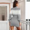 Spring Fall Patchwork Above Knee Mini Knitting Sweater Dress Women Casual Straight Half High Collar Full Lantern Sleeve Loose Waist Bandage S-XL