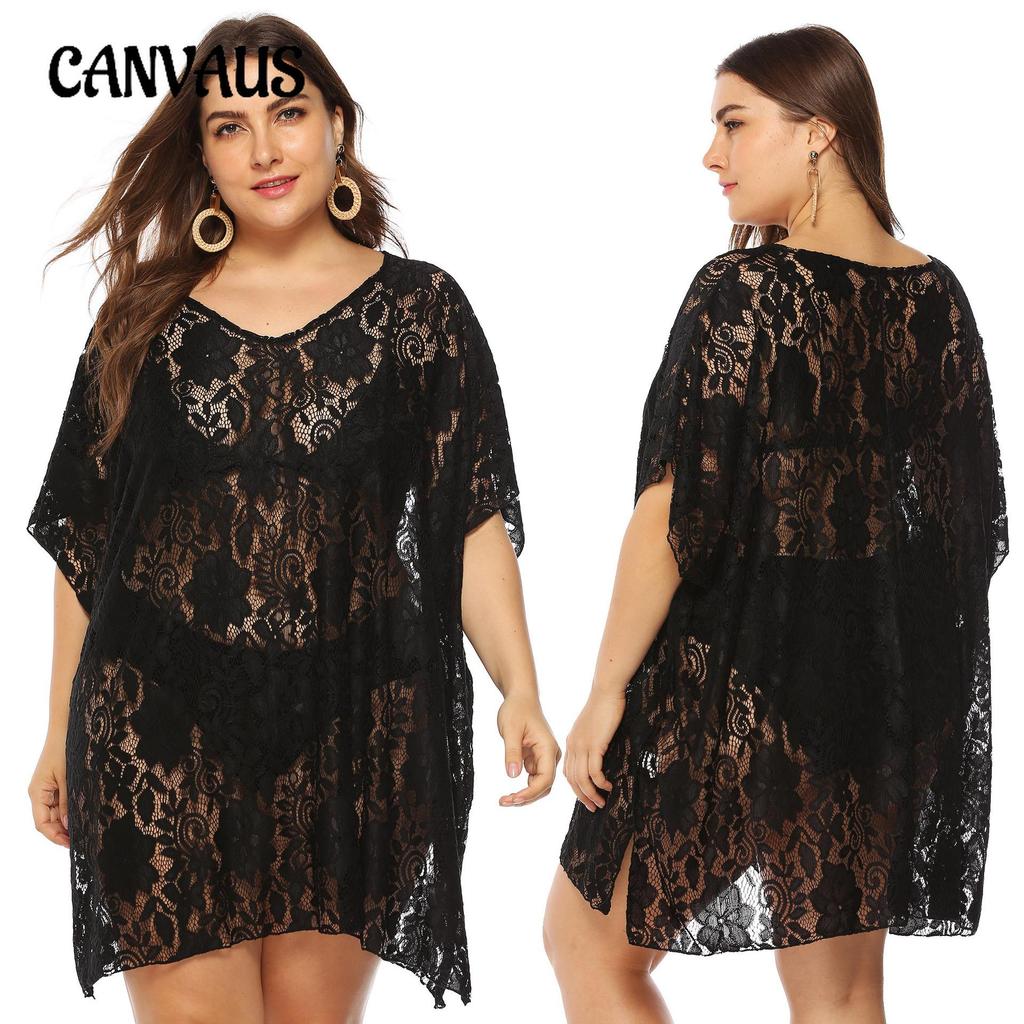 Robe de plage en dentelle pour femmes, grande taille, Sexy, ajouré, transparente, col en v, fendue, Cover-Up pour les maillots de bain