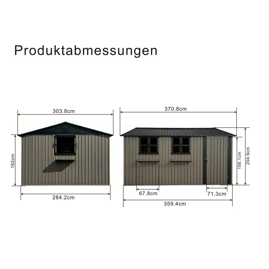 Galvanized Steel Garden House 359.4 cm x 284.2 cm (10.21 m²), Brown, with 3 Openable Windows, Lockable Double Doors and Flower Rack