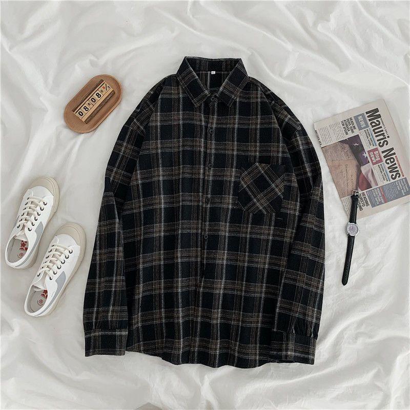 Frauen Hemd Plaid Übergroßen Braun Top Drehen-unten Kragen Freizeit Mode Lose Alle-spiel Lange Ärmel Weiche Chic koreanische Top