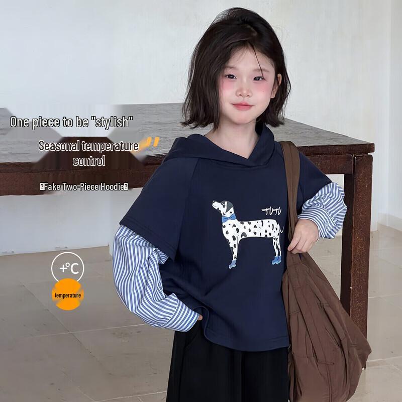 Tutu Xiaoxiang Girls  Faux 2-Piece Striped Hooded Sweatshirt 130