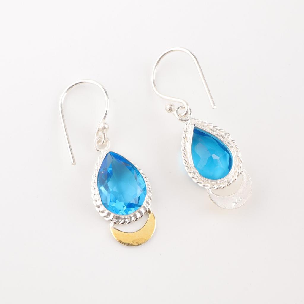 Swiss Blue Topaz Gemstone 925 Fine Silver Jewelry Handmade Earrings 1.5" For Her EE-162-10