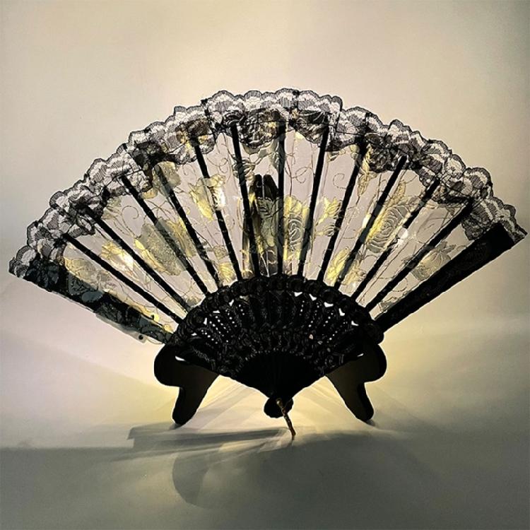 LED Light Up Rose Lace Florals Hand Fan Luminous Costumes for Wedding