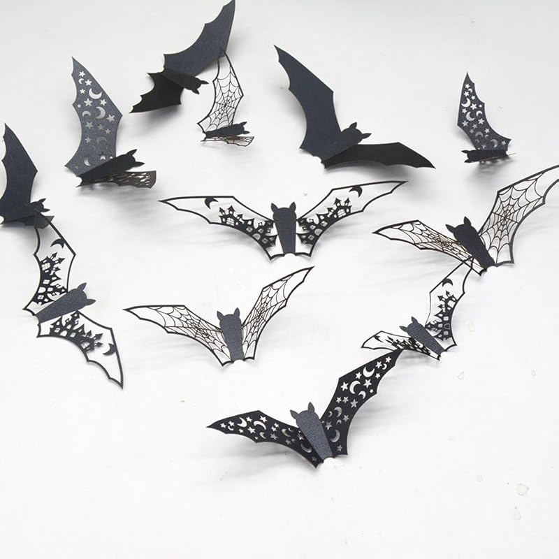 Halloween Decorations 36pcs Large Bats Wall Stickers Decals Decor Halloween Hollow Wall Decals PVC Scary Black Bat Stickers for Fireplace Ceiling