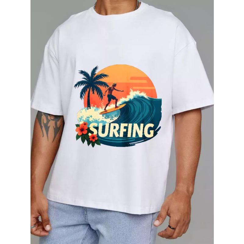 Surfing T Shirt White Surfing Wave Palm Tree Sunset and Flowers Print for Beach Vacation Summer Outdoor Activities