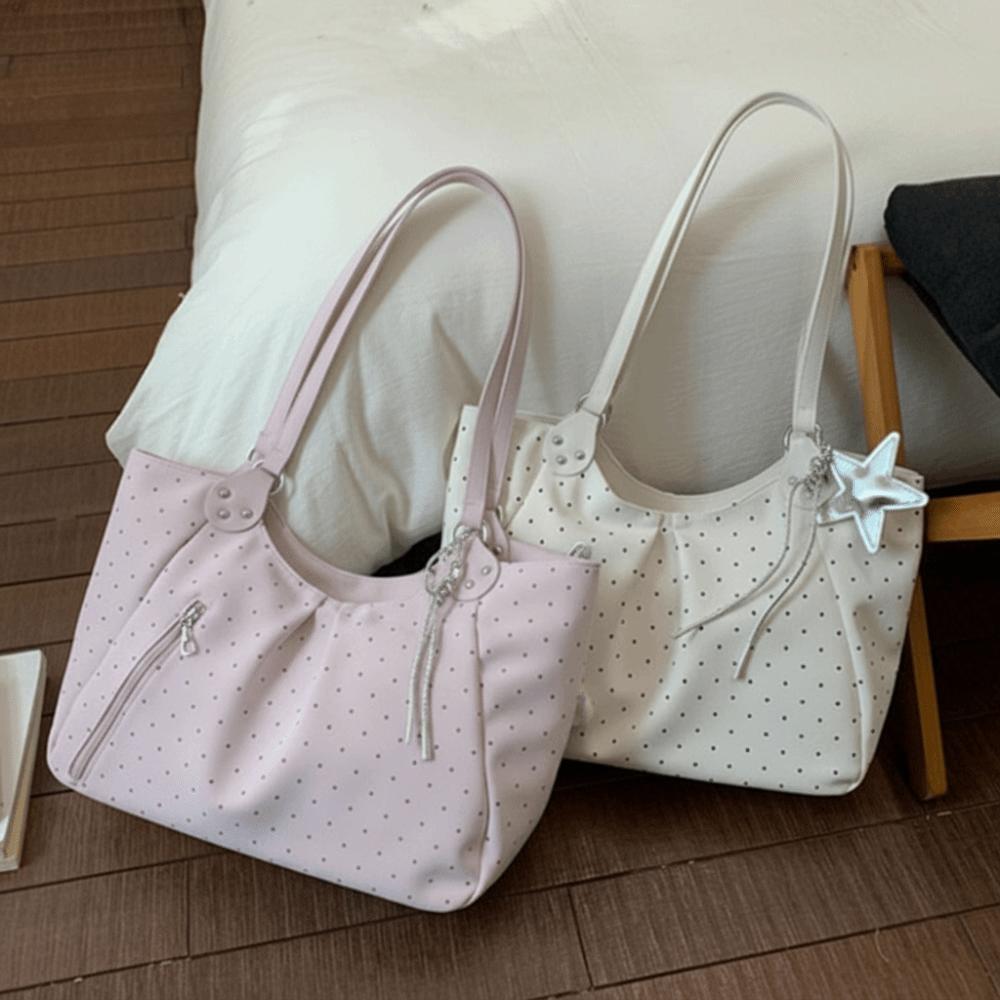 High Quality Casual Shoulder Bag PU Leather Khaki Color Handbag Polka Dot Lightweight Tote Bag